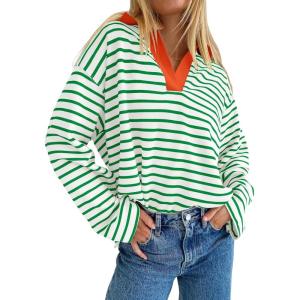 imageZESICA Womens Striped Long Sleeve Tops Oversized Sweatshirt V Neck Loose Fit Tunic Tops Spring Casual BlousesGreen