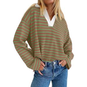 imageZESICA Womens Striped Long Sleeve Tops Oversized Sweatshirt V Neck Loose Fit Tunic Tops Spring Casual BlousesKhaki