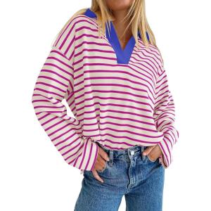 imageZESICA Womens Striped Long Sleeve Tops Oversized Sweatshirt V Neck Loose Fit Tunic Tops Spring Casual BlousesRose
