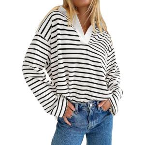 imageZESICA Womens Striped Long Sleeve Tops Oversized Sweatshirt V Neck Loose Fit Tunic Tops Spring Casual BlousesWhite