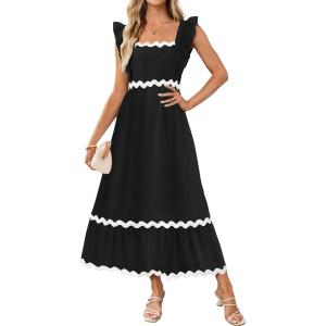 imageZESICA Womens Summer Sleeveless Ruffle Dresses Square Neck Backless Boho Flowy Maxi Sundress with PocketsBlack