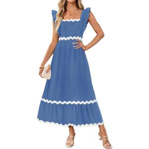 imageZESICA Womens Summer Sleeveless Ruffle Dresses Square Neck Backless Boho Flowy Maxi Sundress with PocketsBlue