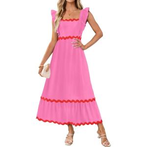 imageZESICA Womens Summer Sleeveless Ruffle Dresses Square Neck Backless Boho Flowy Maxi Sundress with PocketsRose