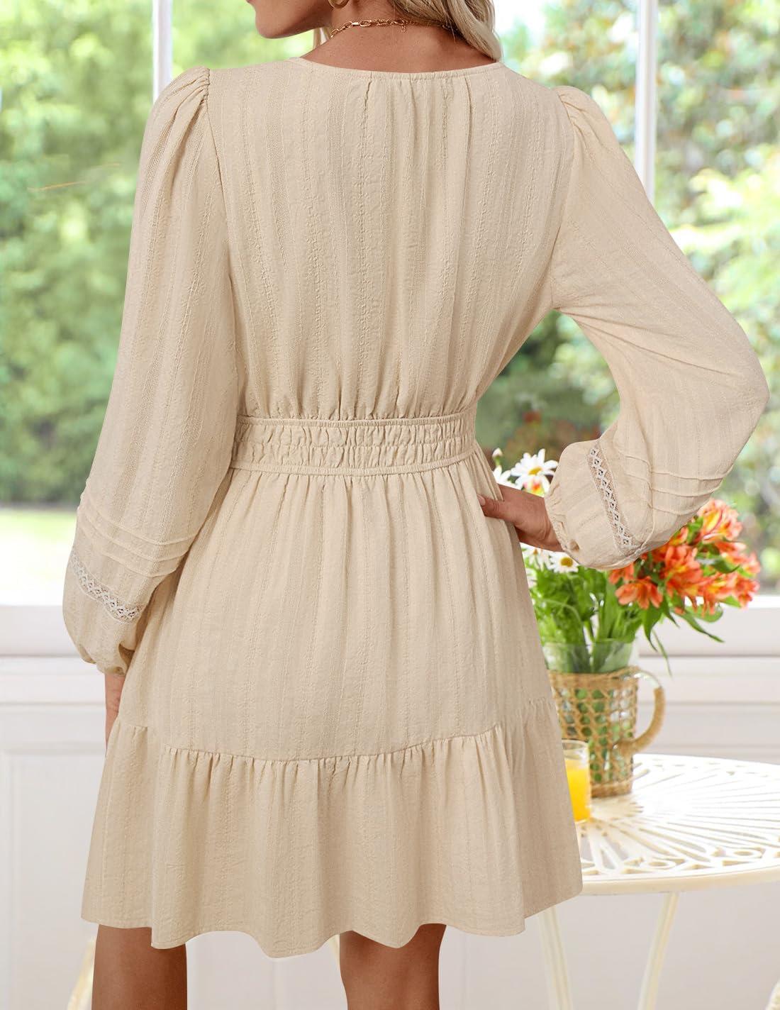 imageZESICA Fall Mini Dresses for Women 2025 Lightweight V Neck High Waist A Line Flowy Swing Casual Party DressApricot