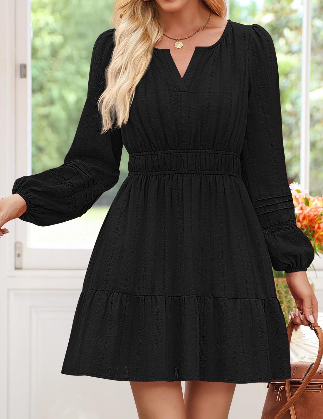 imageZESICA Fall Mini Dresses for Women 2025 Lightweight V Neck High Waist A Line Flowy Swing Casual Party DressBlack