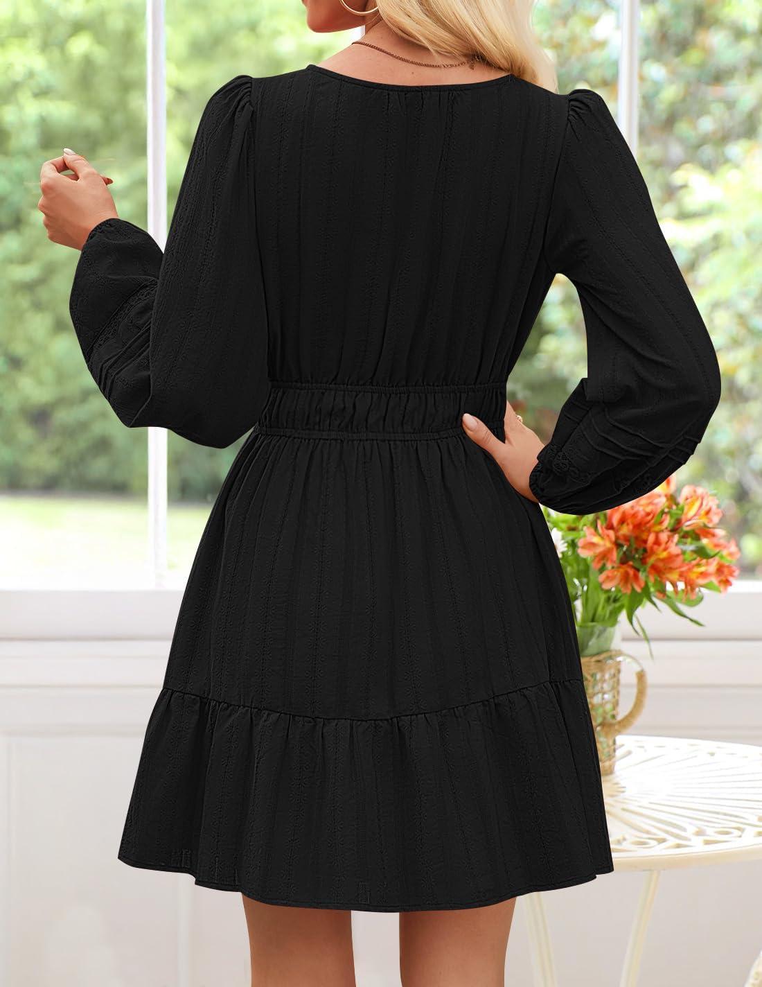 imageZESICA Fall Mini Dresses for Women 2025 Lightweight V Neck High Waist A Line Flowy Swing Casual Party DressBlack