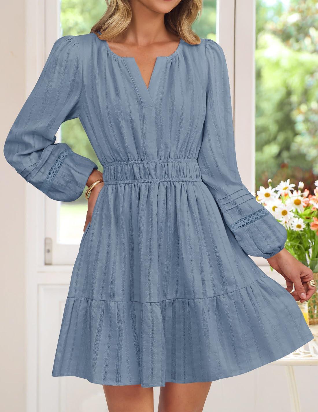 imageZESICA Fall Mini Dresses for Women 2025 Lightweight V Neck High Waist A Line Flowy Swing Casual Party DressDustyblue