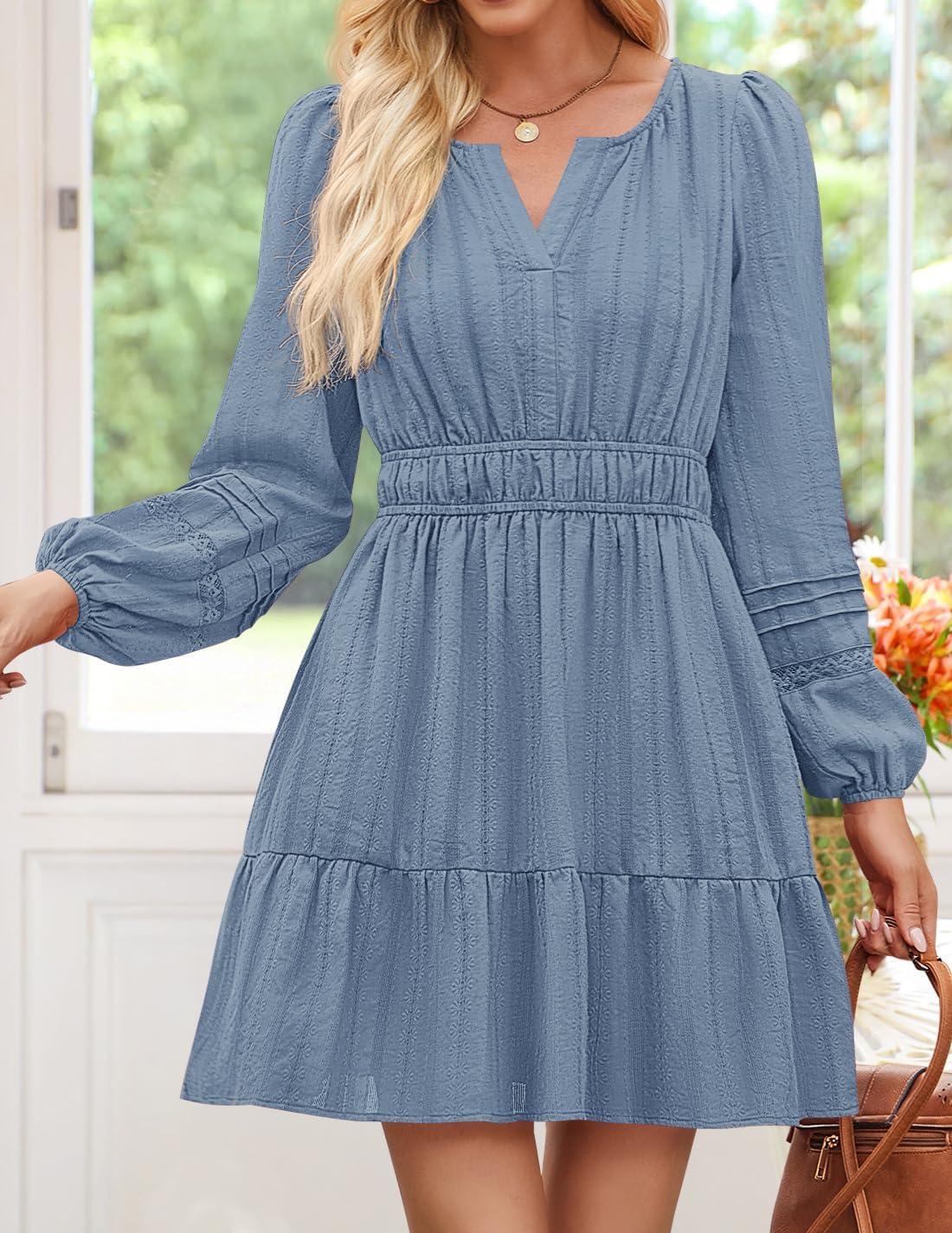 imageZESICA Fall Mini Dresses for Women 2025 Lightweight V Neck High Waist A Line Flowy Swing Casual Party DressDustyblue