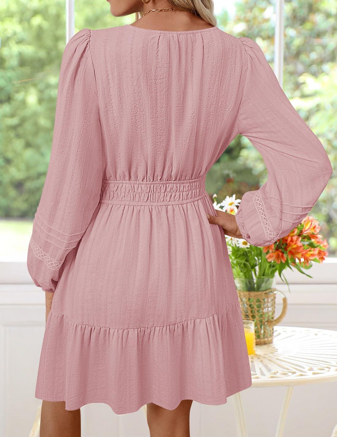 imageZESICA Fall Mini Dresses for Women 2025 Lightweight V Neck High Waist A Line Flowy Swing Casual Party DressPink