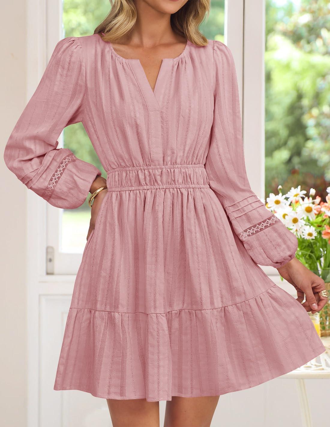 imageZESICA Fall Mini Dresses for Women 2025 Lightweight V Neck High Waist A Line Flowy Swing Casual Party DressPink