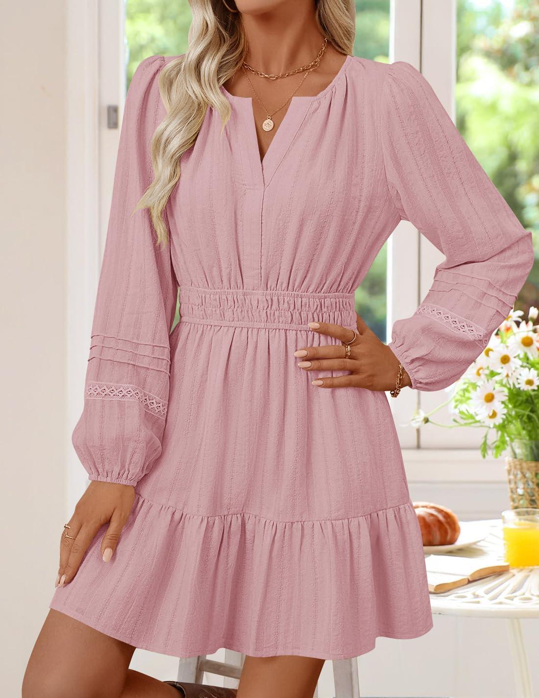 imageZESICA Fall Mini Dresses for Women 2025 Lightweight V Neck High Waist A Line Flowy Swing Casual Party DressPink