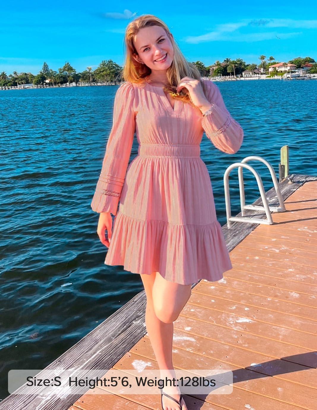 imageZESICA Fall Mini Dresses for Women 2025 Lightweight V Neck High Waist A Line Flowy Swing Casual Party DressPink