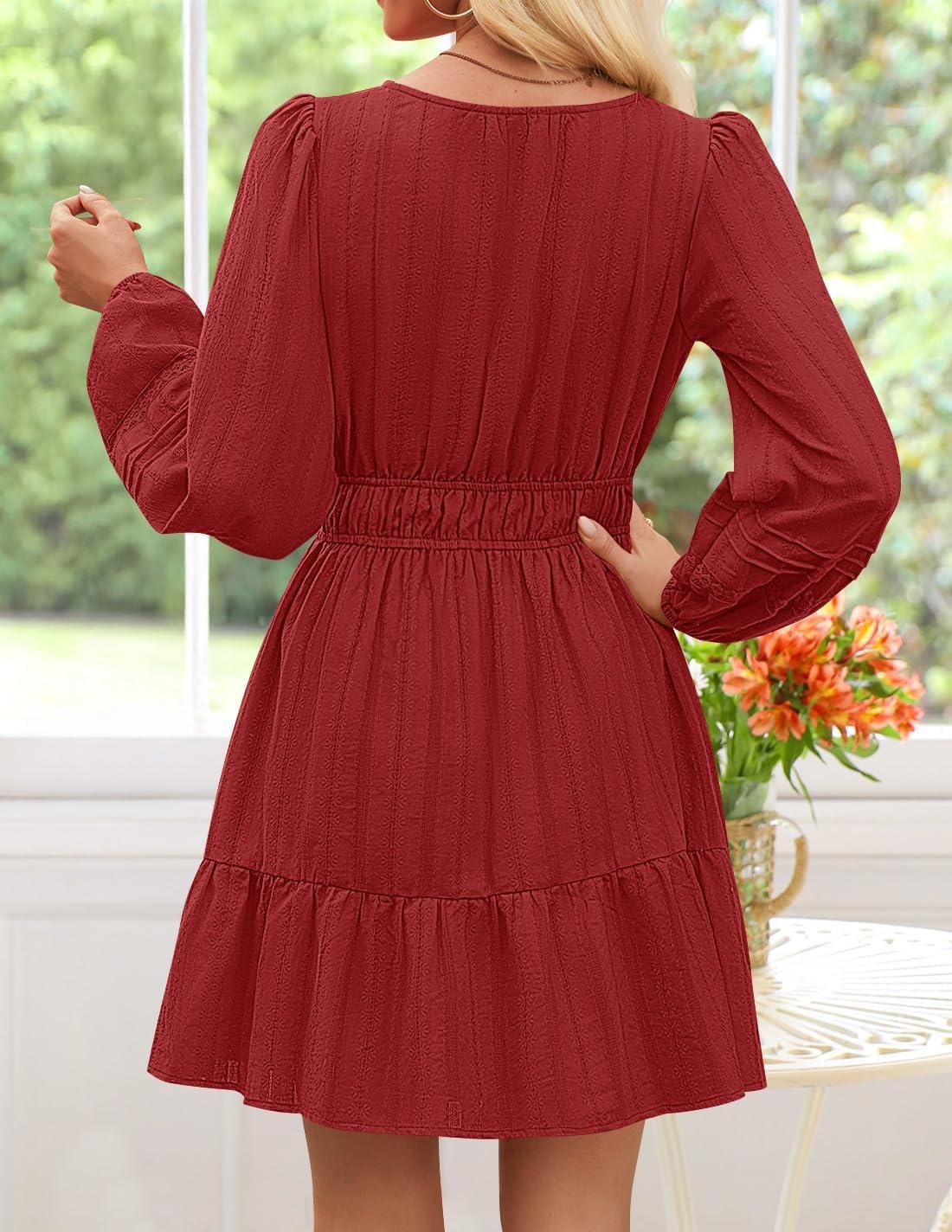 imageZESICA Fall Mini Dresses for Women 2025 Lightweight V Neck High Waist A Line Flowy Swing Casual Party DressRed