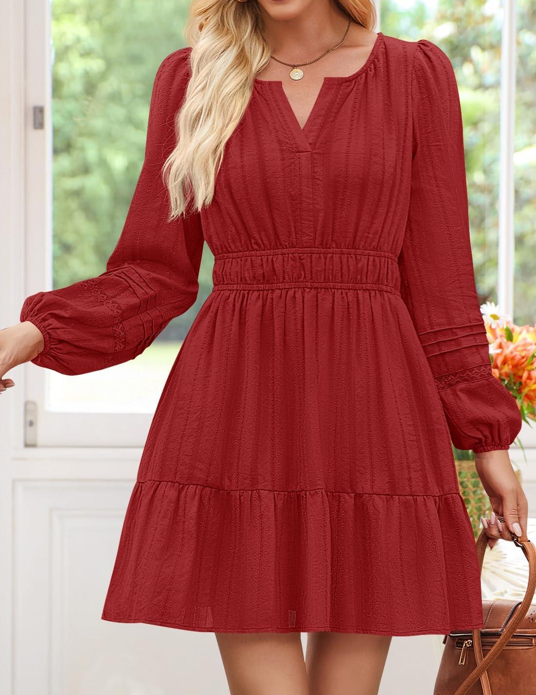 imageZESICA Fall Mini Dresses for Women 2025 Lightweight V Neck High Waist A Line Flowy Swing Casual Party DressRed