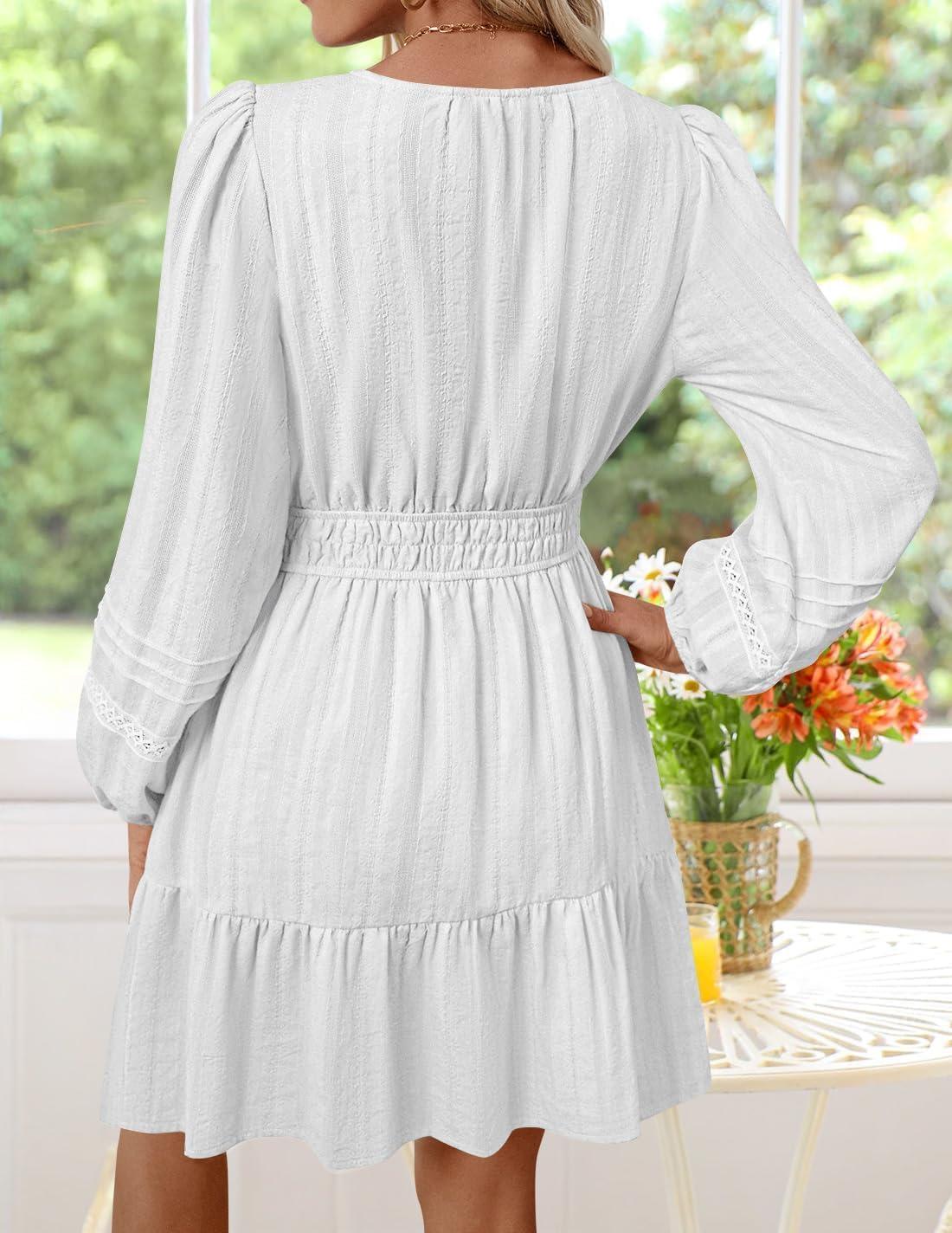 imageZESICA Fall Mini Dresses for Women 2025 Lightweight V Neck High Waist A Line Flowy Swing Casual Party DressWhite