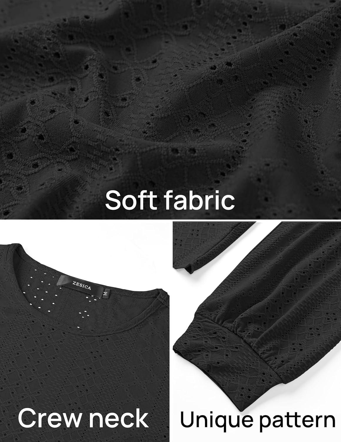 imageZESICA Long Sleeve Eyelet Tops for Womens Crew Neck Fall Shirts Casual Loose Blouses 2025 Trendy ClothesBlack