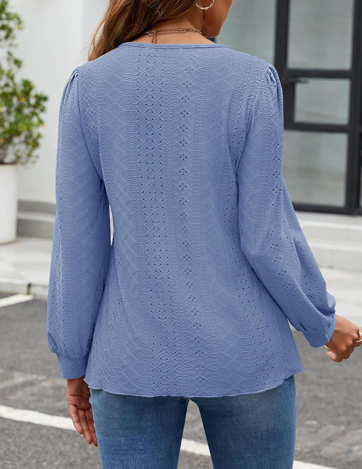 imageZESICA Long Sleeve Eyelet Tops for Womens Crew Neck Fall Shirts Casual Loose Blouses 2025 Trendy ClothesBlue