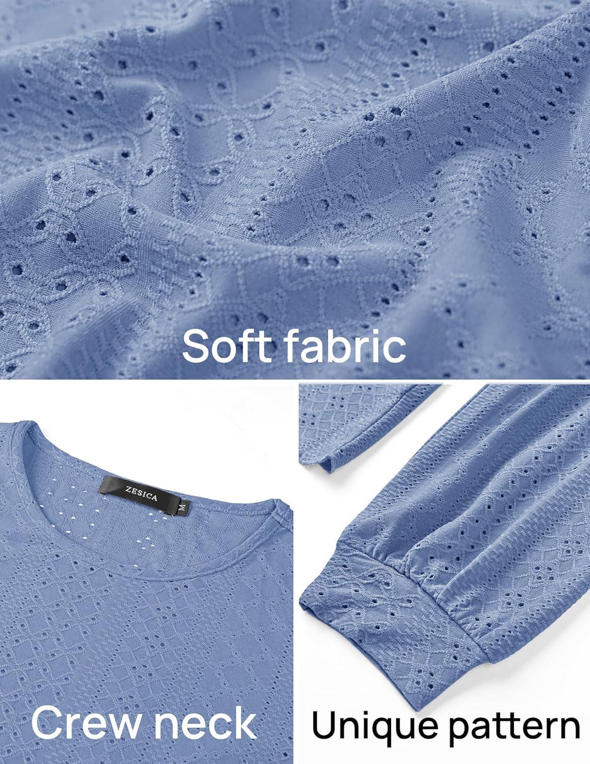 imageZESICA Long Sleeve Eyelet Tops for Womens Crew Neck Fall Shirts Casual Loose Blouses 2025 Trendy ClothesBlue