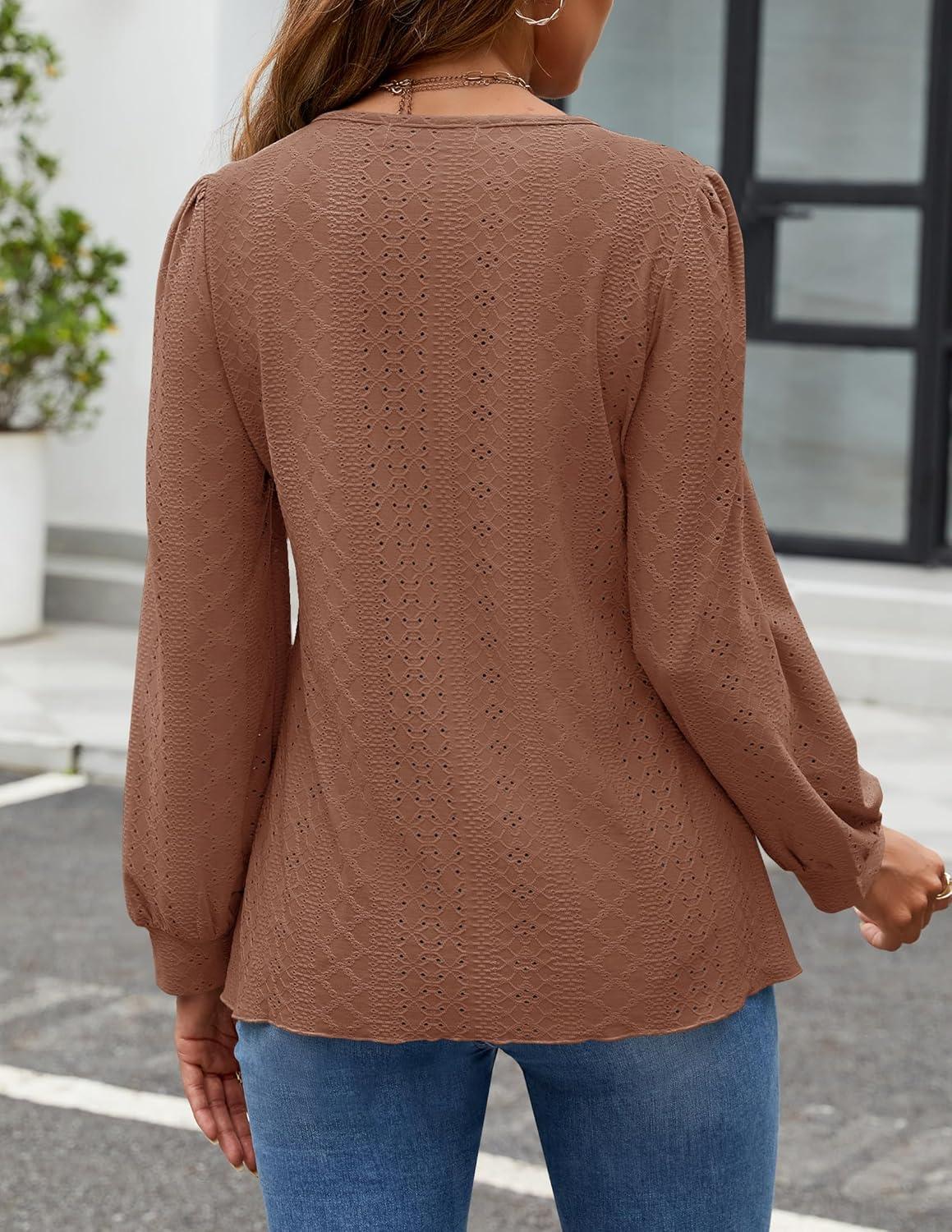 imageZESICA Long Sleeve Eyelet Tops for Womens Crew Neck Fall Shirts Casual Loose Blouses 2025 Trendy ClothesCaramel