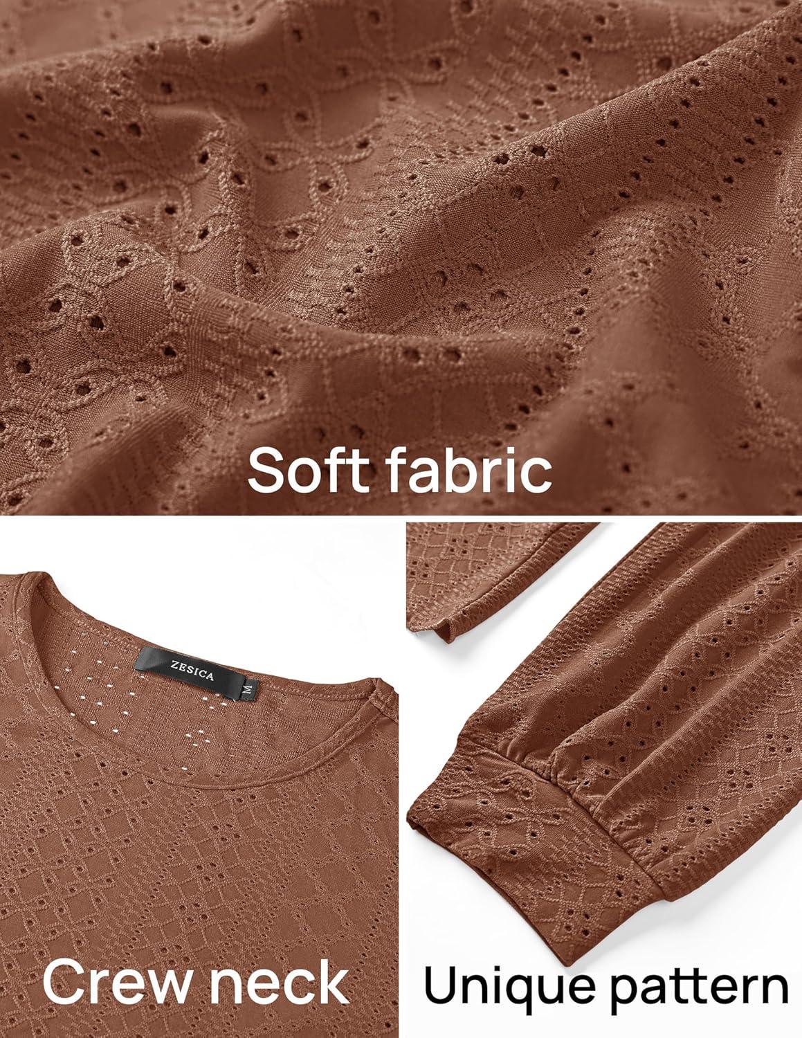 imageZESICA Long Sleeve Eyelet Tops for Womens Crew Neck Fall Shirts Casual Loose Blouses 2025 Trendy ClothesCaramel