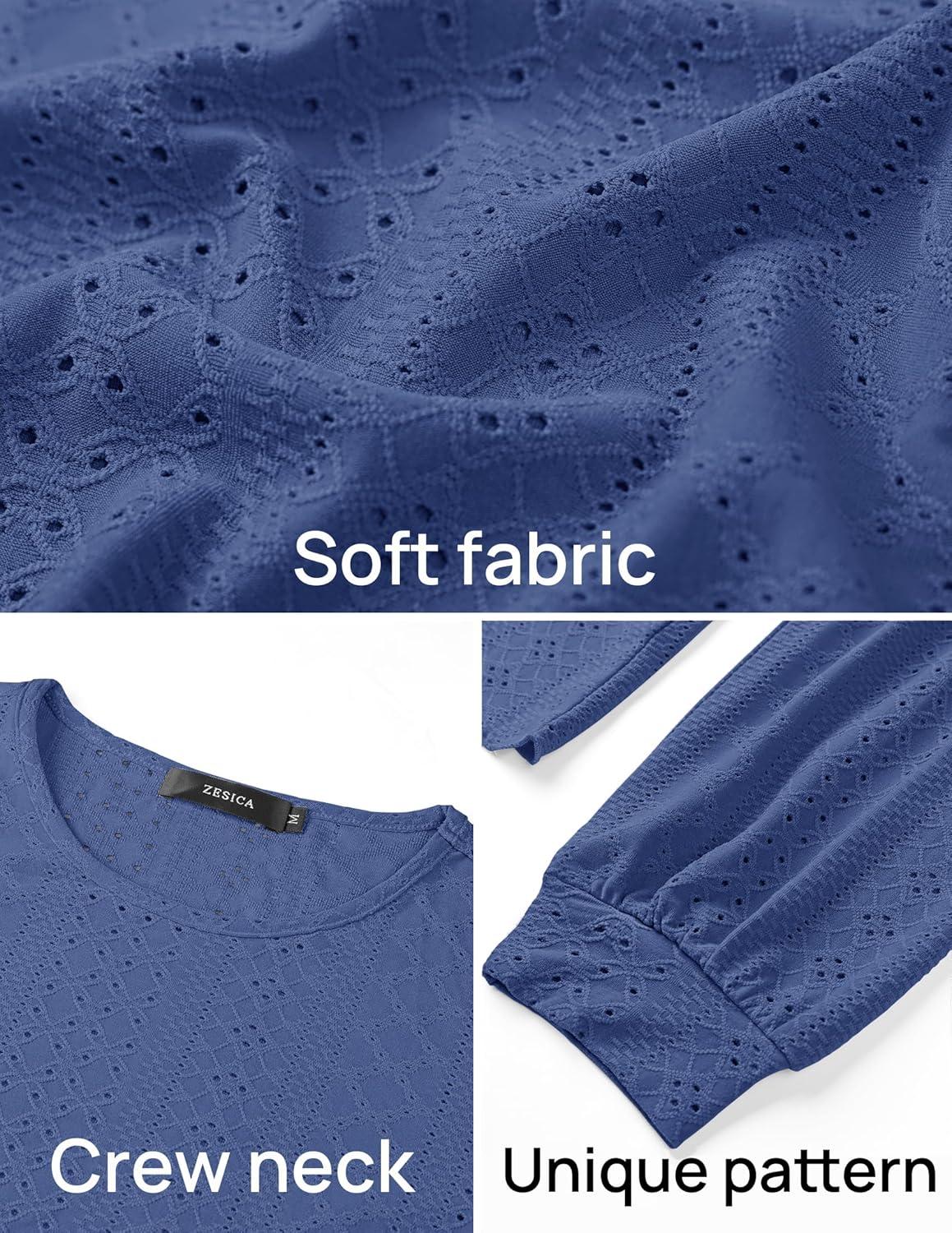 imageZESICA Long Sleeve Eyelet Tops for Womens Crew Neck Fall Shirts Casual Loose Blouses 2025 Trendy ClothesDarkblue