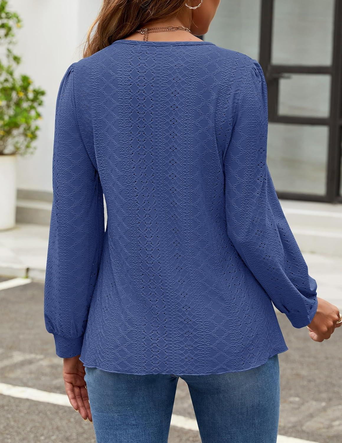 imageZESICA Long Sleeve Eyelet Tops for Womens Crew Neck Fall Shirts Casual Loose Blouses 2025 Trendy ClothesDarkblue