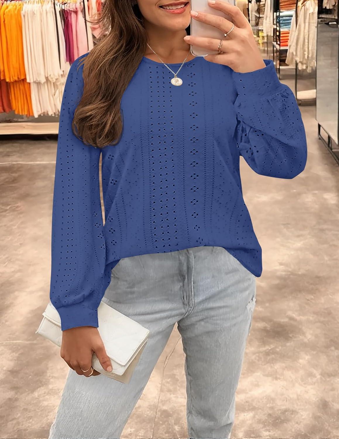imageZESICA Long Sleeve Eyelet Tops for Womens Crew Neck Fall Shirts Casual Loose Blouses 2025 Trendy ClothesDarkblue