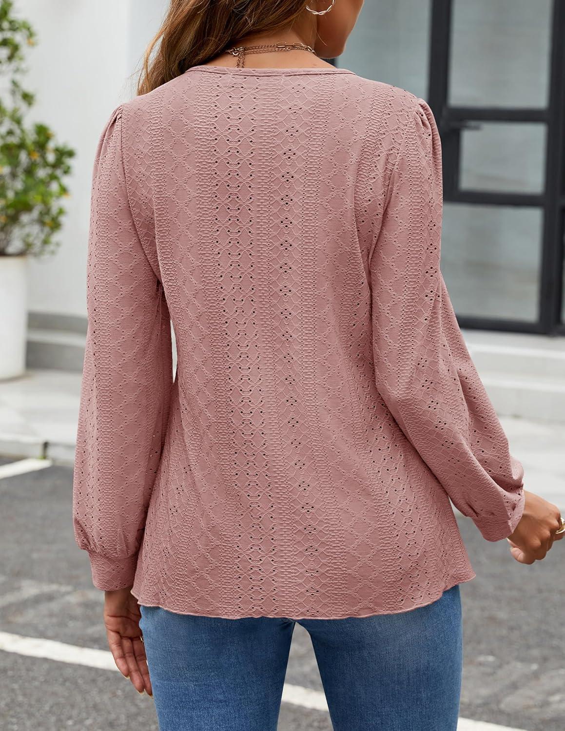 imageZESICA Long Sleeve Eyelet Tops for Womens Crew Neck Fall Shirts Casual Loose Blouses 2025 Trendy ClothesDusty Pink