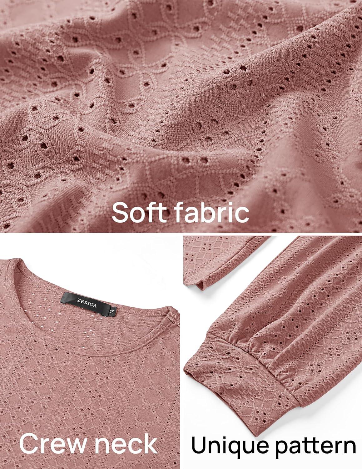 imageZESICA Long Sleeve Eyelet Tops for Womens Crew Neck Fall Shirts Casual Loose Blouses 2025 Trendy ClothesDusty Pink