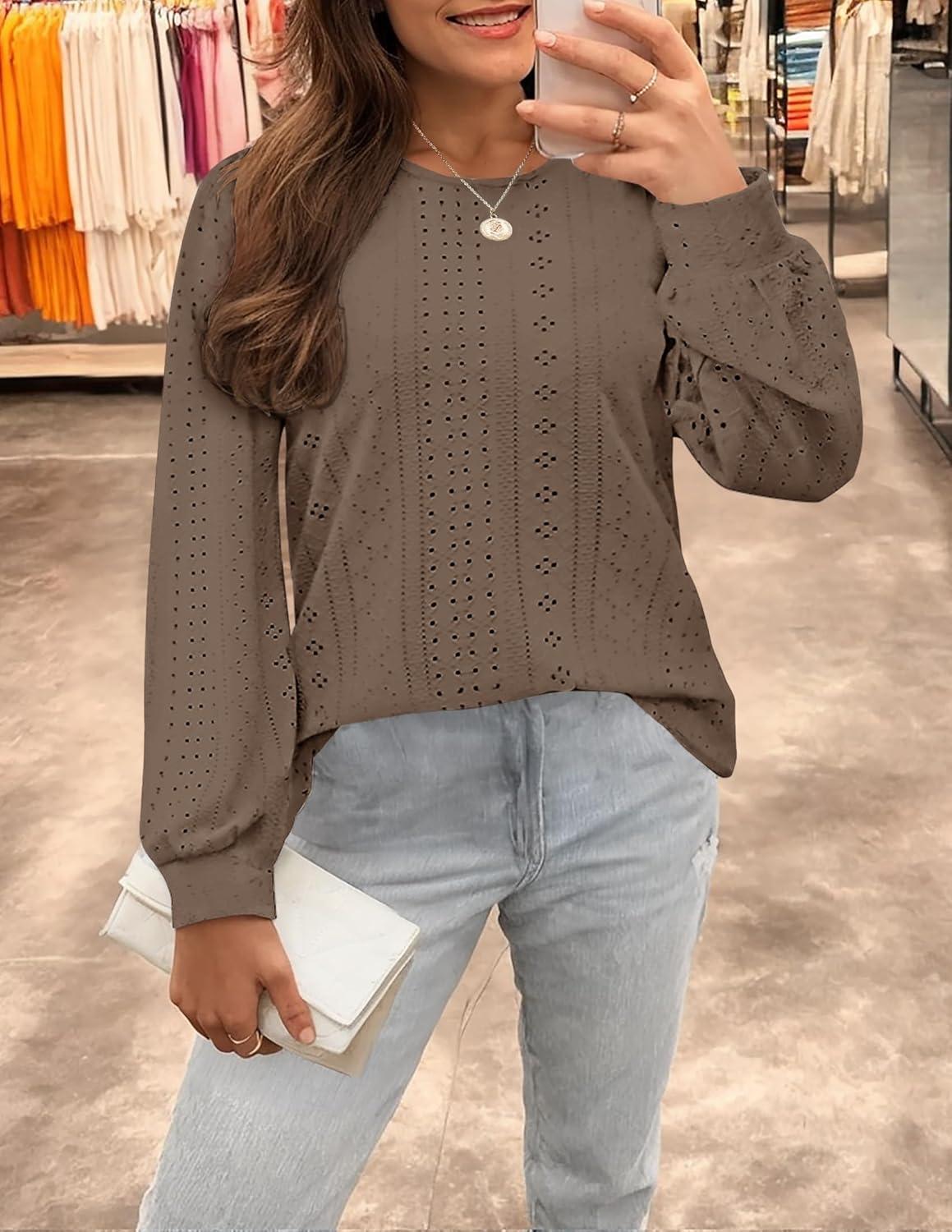 imageZESICA Long Sleeve Eyelet Tops for Womens Crew Neck Fall Shirts Casual Loose Blouses 2025 Trendy ClothesGreytaupe