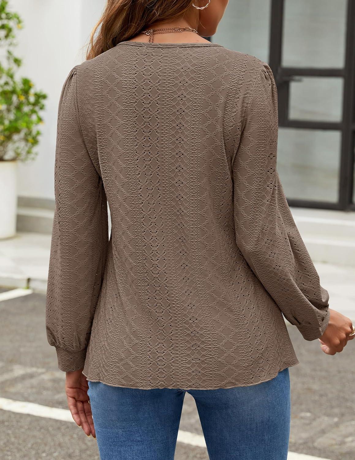 imageZESICA Long Sleeve Eyelet Tops for Womens Crew Neck Fall Shirts Casual Loose Blouses 2025 Trendy ClothesGreytaupe