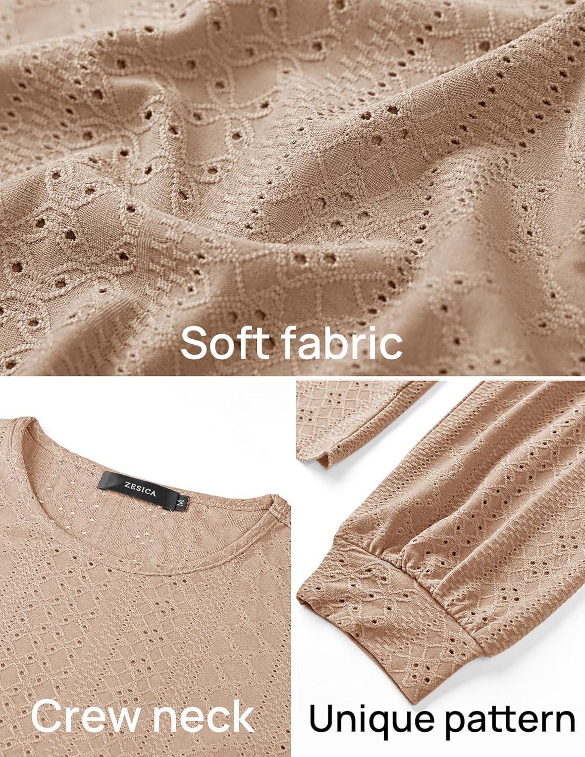 imageZESICA Long Sleeve Eyelet Tops for Womens Crew Neck Fall Shirts Casual Loose Blouses 2025 Trendy ClothesKhaki