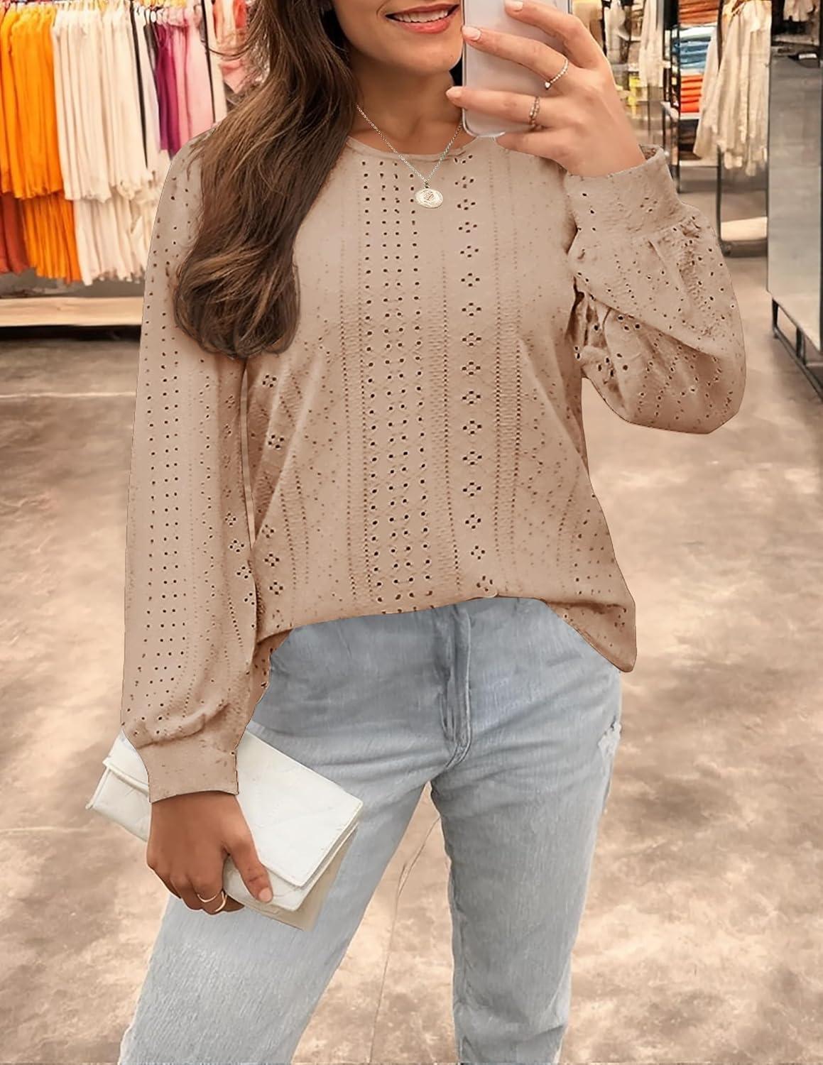 imageZESICA Long Sleeve Eyelet Tops for Womens Crew Neck Fall Shirts Casual Loose Blouses 2025 Trendy ClothesKhaki