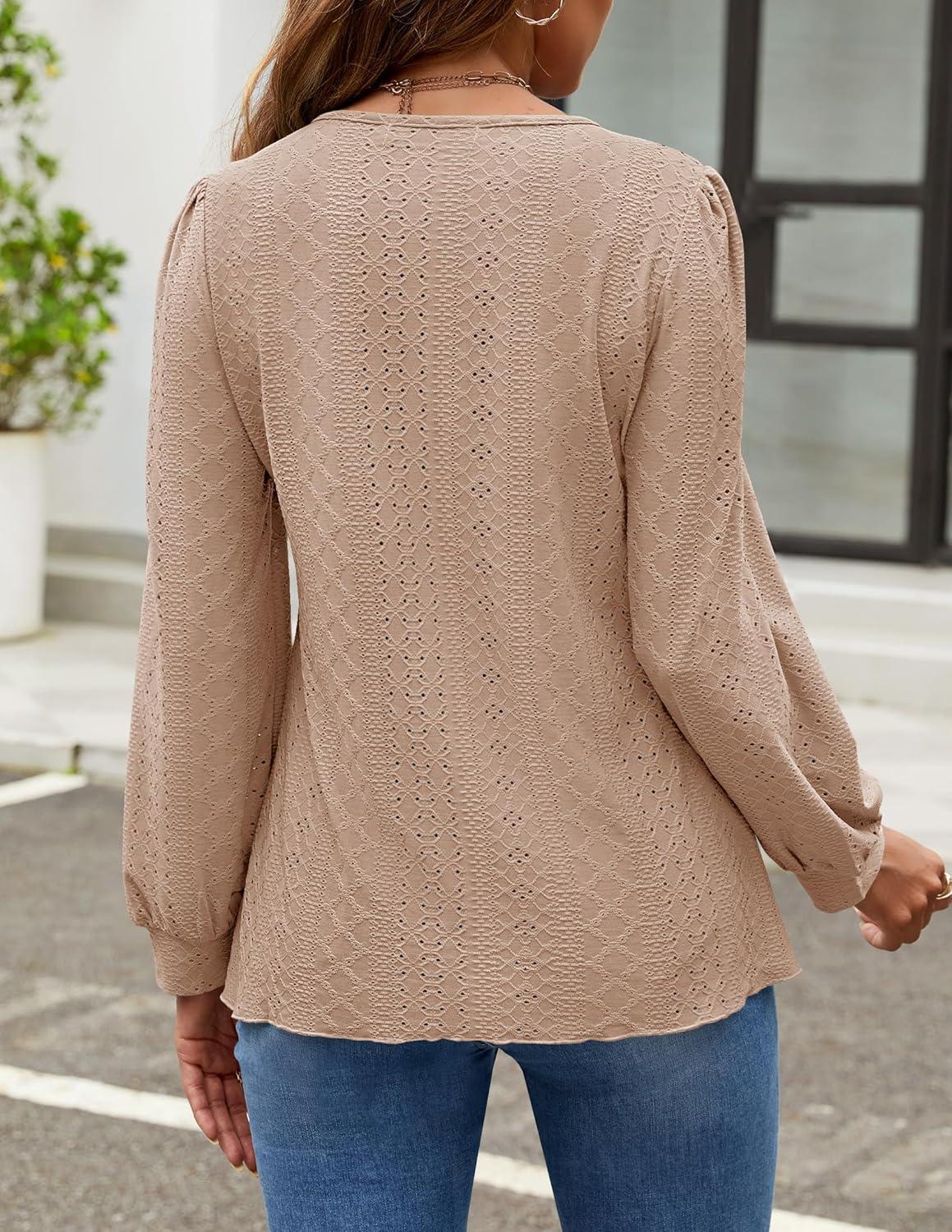imageZESICA Long Sleeve Eyelet Tops for Womens Crew Neck Fall Shirts Casual Loose Blouses 2025 Trendy ClothesKhaki