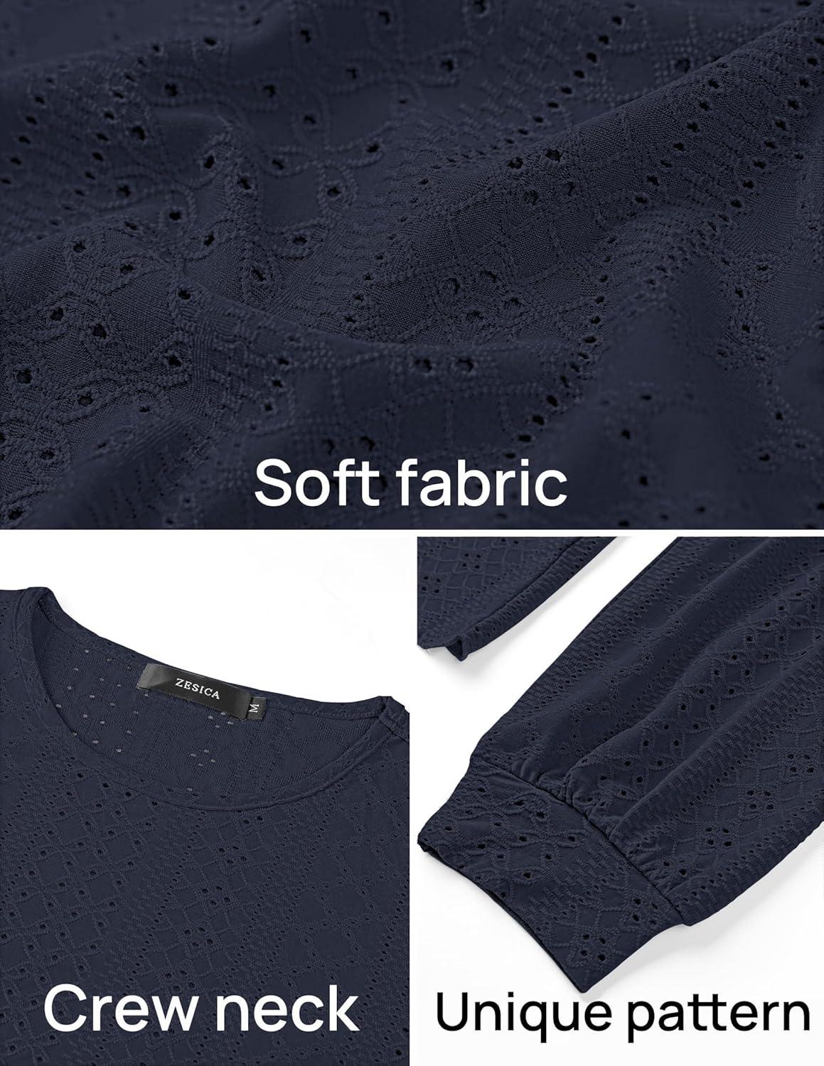 imageZESICA Long Sleeve Eyelet Tops for Womens Crew Neck Fall Shirts Casual Loose Blouses 2025 Trendy ClothesNavy