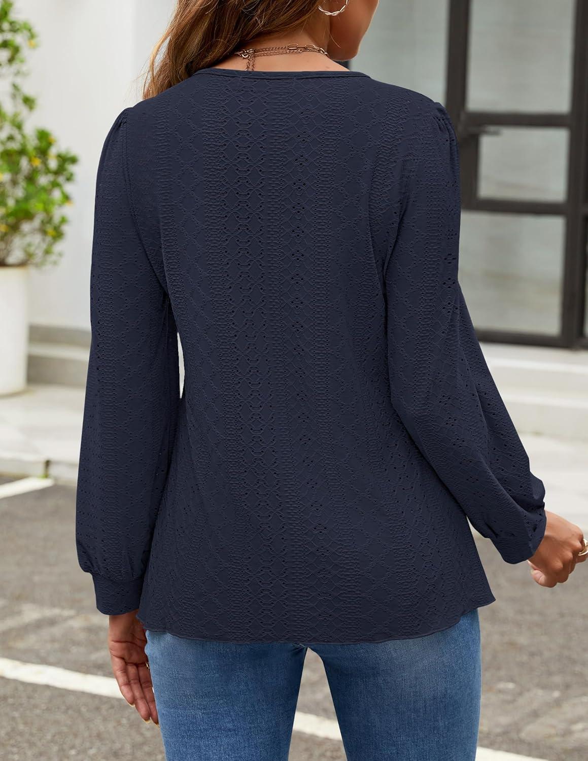 imageZESICA Long Sleeve Eyelet Tops for Womens Crew Neck Fall Shirts Casual Loose Blouses 2025 Trendy ClothesNavy