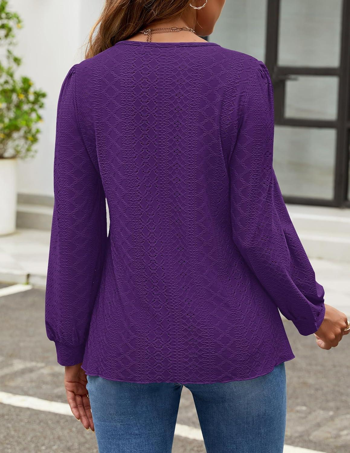 imageZESICA Long Sleeve Eyelet Tops for Womens Crew Neck Fall Shirts Casual Loose Blouses 2025 Trendy ClothesPurple