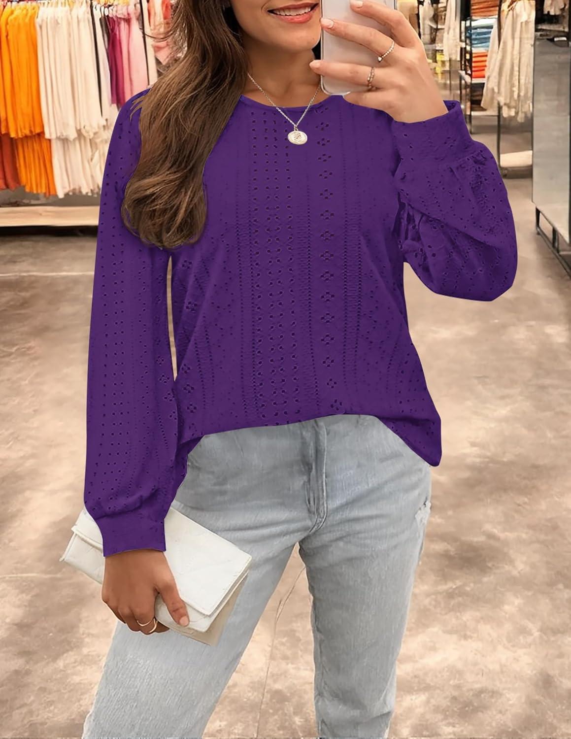 imageZESICA Long Sleeve Eyelet Tops for Womens Crew Neck Fall Shirts Casual Loose Blouses 2025 Trendy ClothesPurple