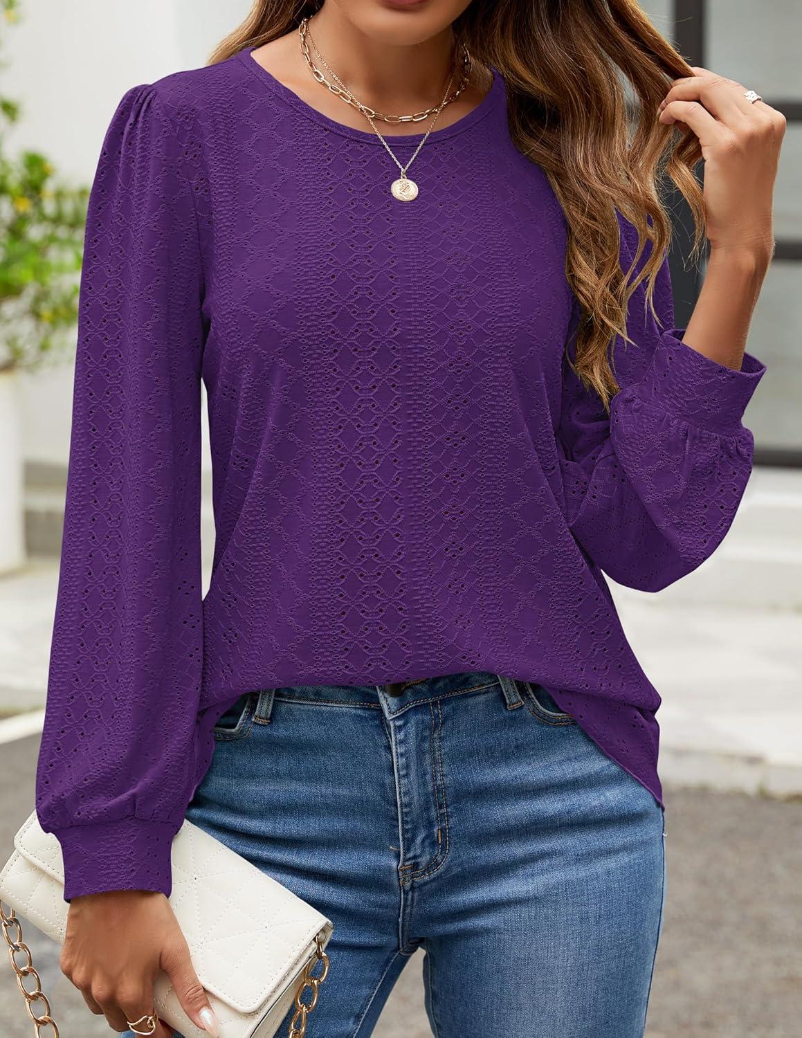imageZESICA Long Sleeve Eyelet Tops for Womens Crew Neck Fall Shirts Casual Loose Blouses 2025 Trendy ClothesPurple