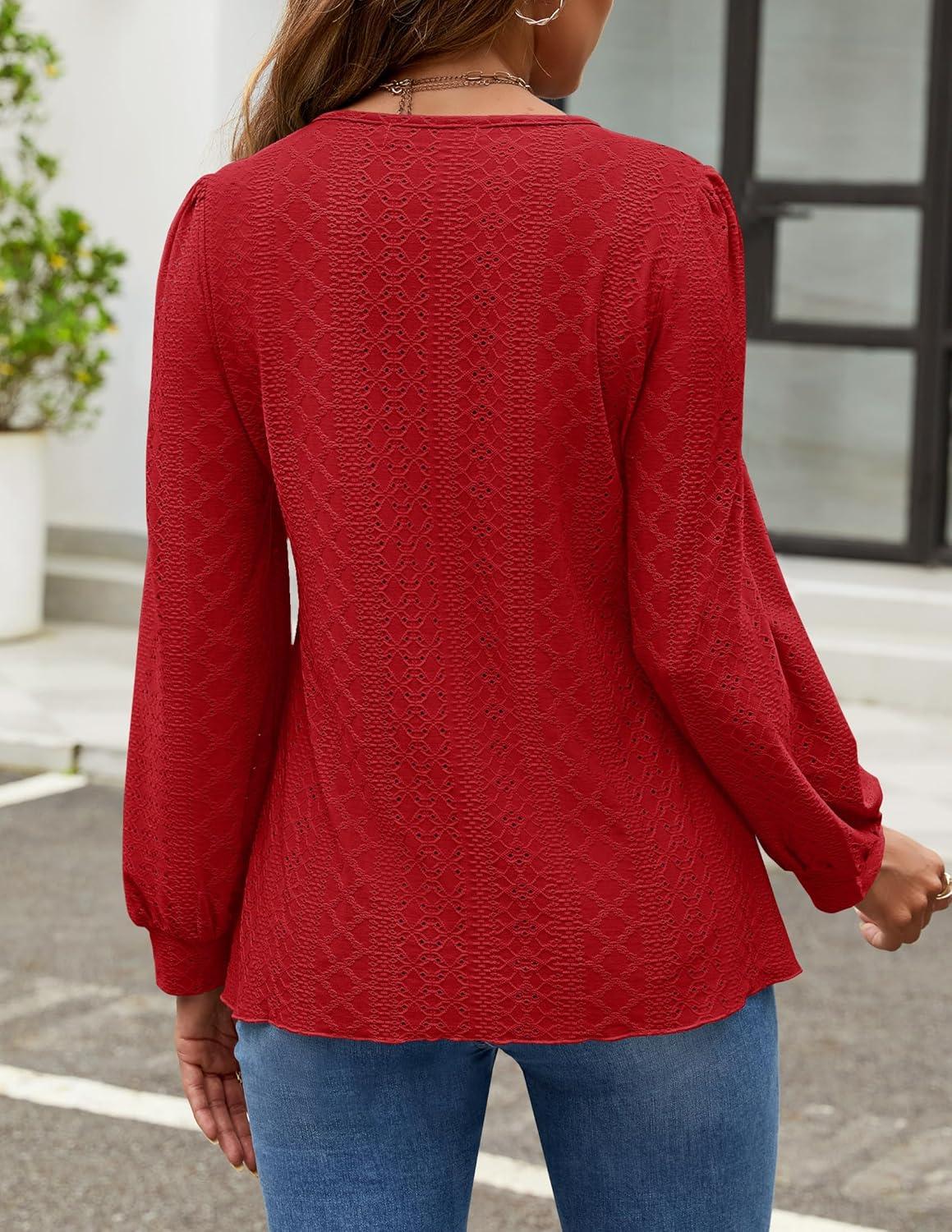 imageZESICA Long Sleeve Eyelet Tops for Womens Crew Neck Fall Shirts Casual Loose Blouses 2025 Trendy ClothesRed