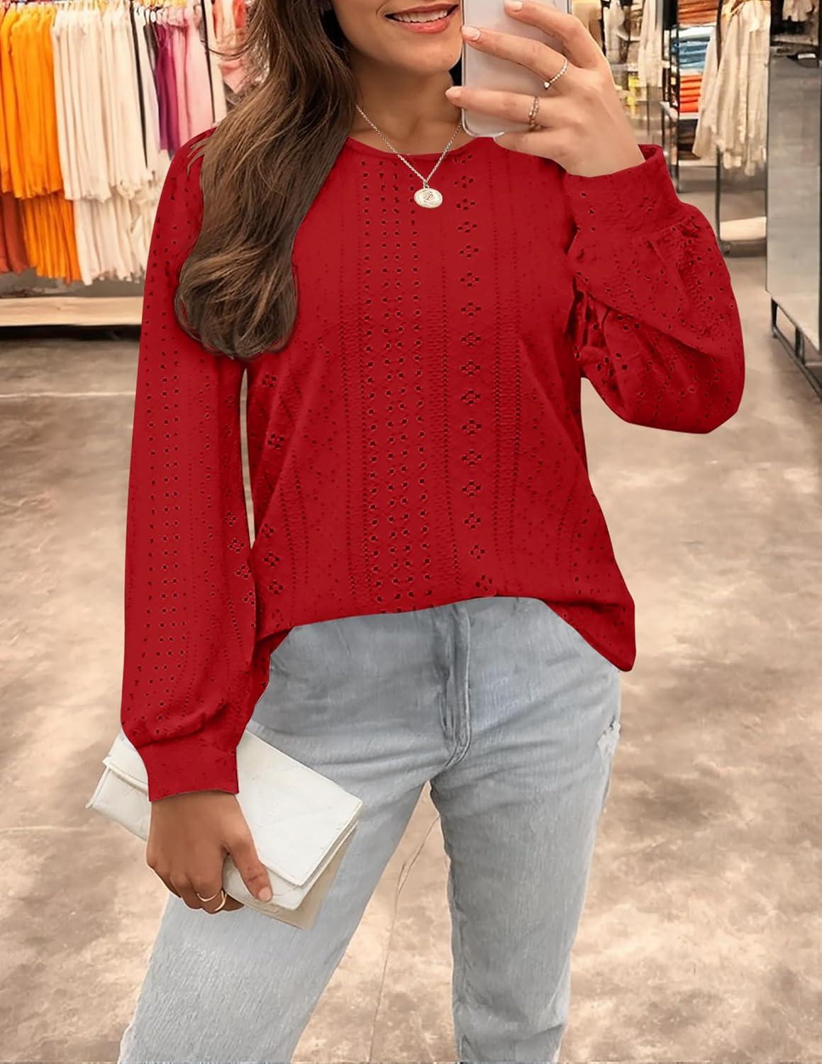 imageZESICA Long Sleeve Eyelet Tops for Womens Crew Neck Fall Shirts Casual Loose Blouses 2025 Trendy ClothesRed