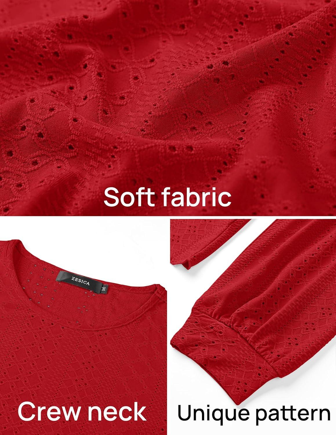 imageZESICA Long Sleeve Eyelet Tops for Womens Crew Neck Fall Shirts Casual Loose Blouses 2025 Trendy ClothesRed