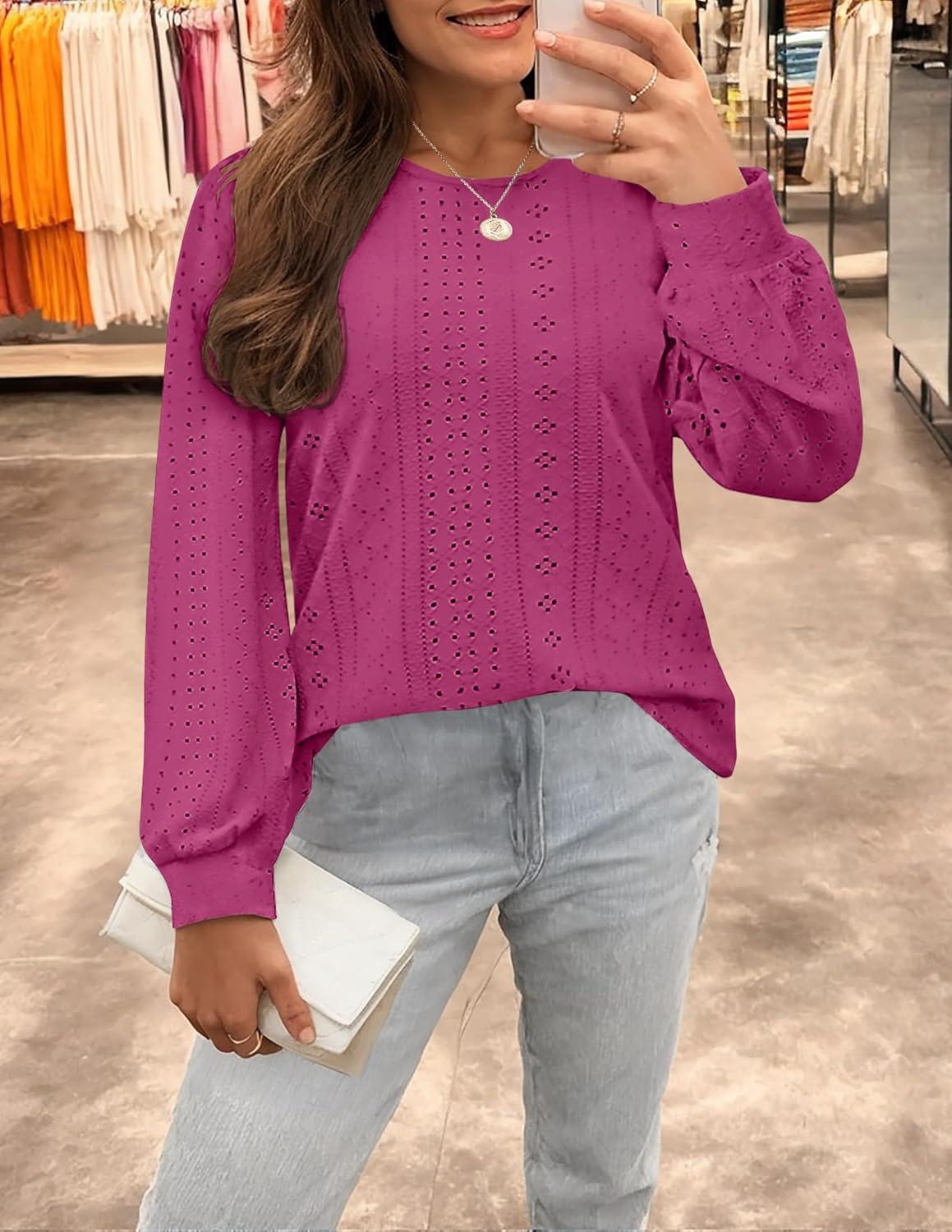 imageZESICA Long Sleeve Eyelet Tops for Womens Crew Neck Fall Shirts Casual Loose Blouses 2025 Trendy ClothesRosered