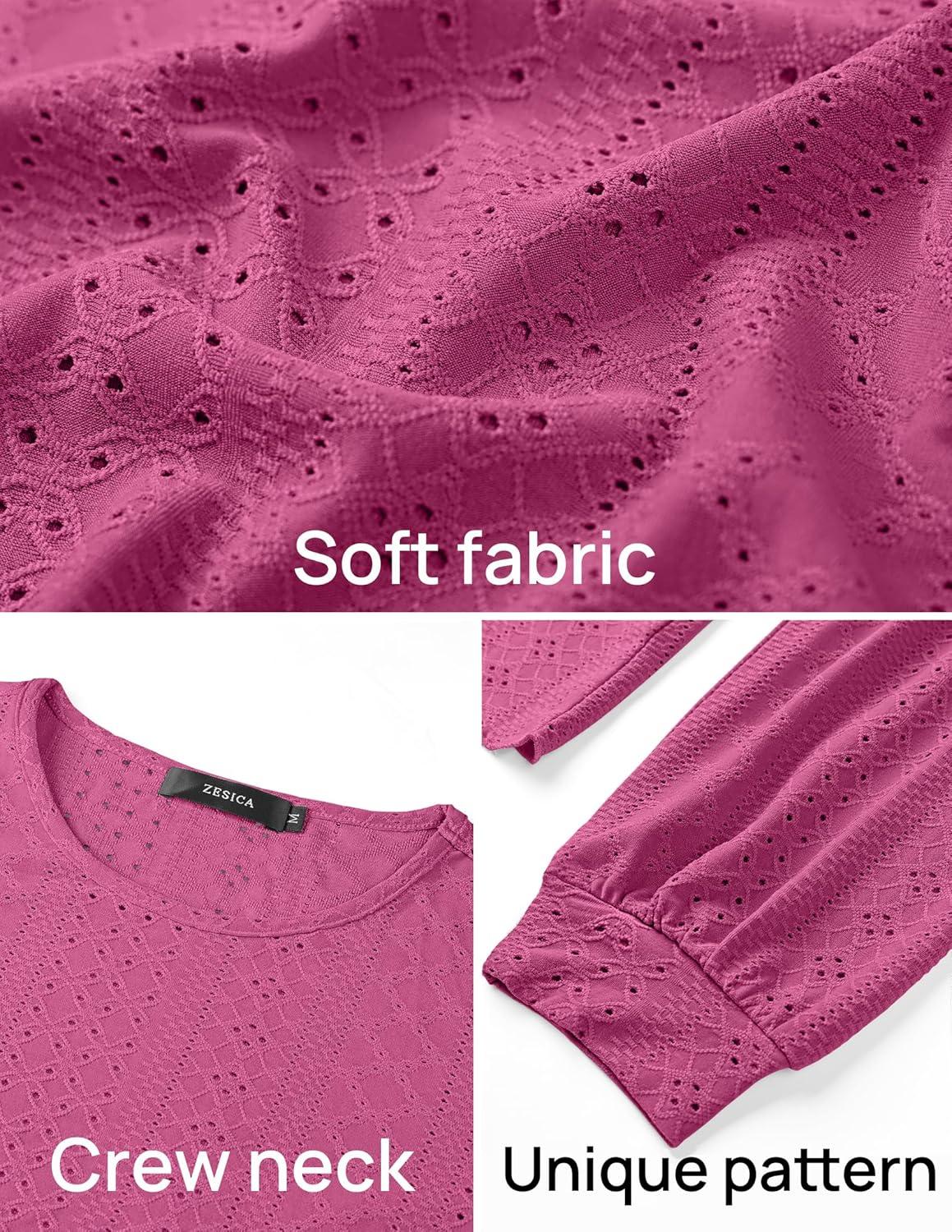 imageZESICA Long Sleeve Eyelet Tops for Womens Crew Neck Fall Shirts Casual Loose Blouses 2025 Trendy ClothesRosered
