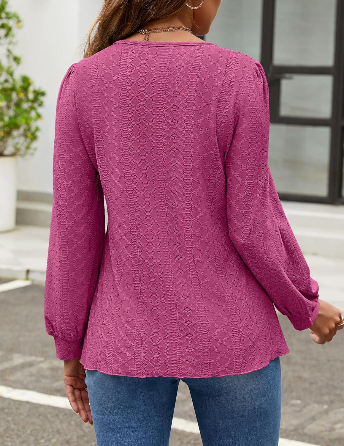 imageZESICA Long Sleeve Eyelet Tops for Womens Crew Neck Fall Shirts Casual Loose Blouses 2025 Trendy ClothesRosered