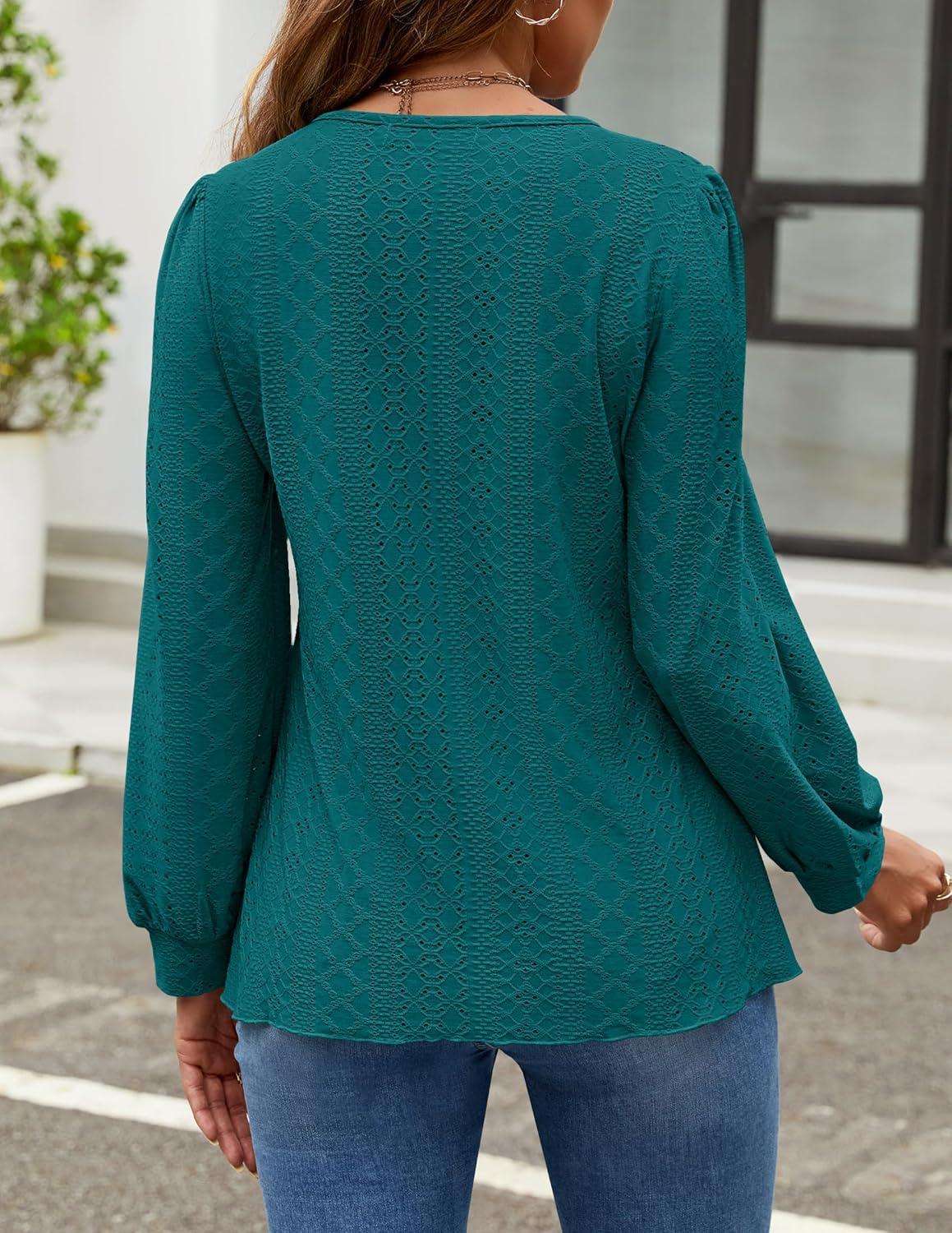 imageZESICA Long Sleeve Eyelet Tops for Womens Crew Neck Fall Shirts Casual Loose Blouses 2025 Trendy ClothesTealgreen