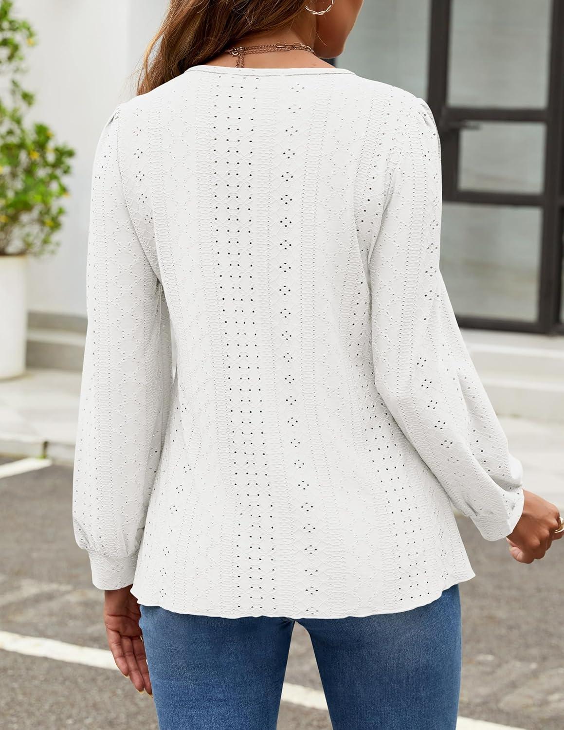 imageZESICA Long Sleeve Eyelet Tops for Womens Crew Neck Fall Shirts Casual Loose Blouses 2025 Trendy ClothesWhite