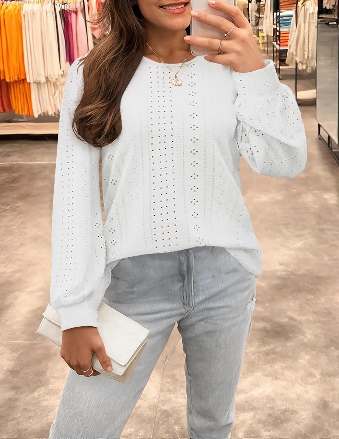 imageZESICA Long Sleeve Eyelet Tops for Womens Crew Neck Fall Shirts Casual Loose Blouses 2025 Trendy ClothesWhite