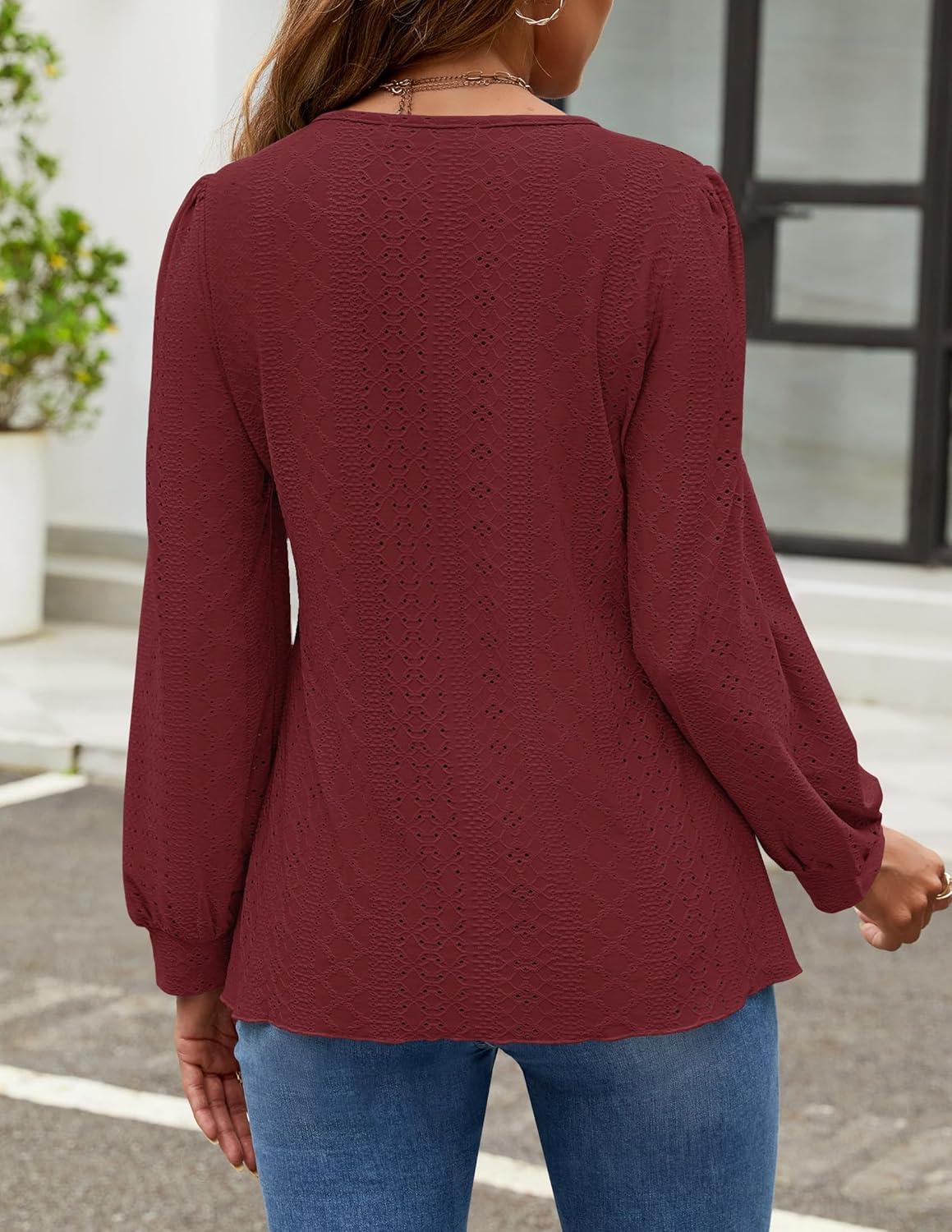 imageZESICA Long Sleeve Eyelet Tops for Womens Crew Neck Fall Shirts Casual Loose Blouses 2025 Trendy ClothesWine