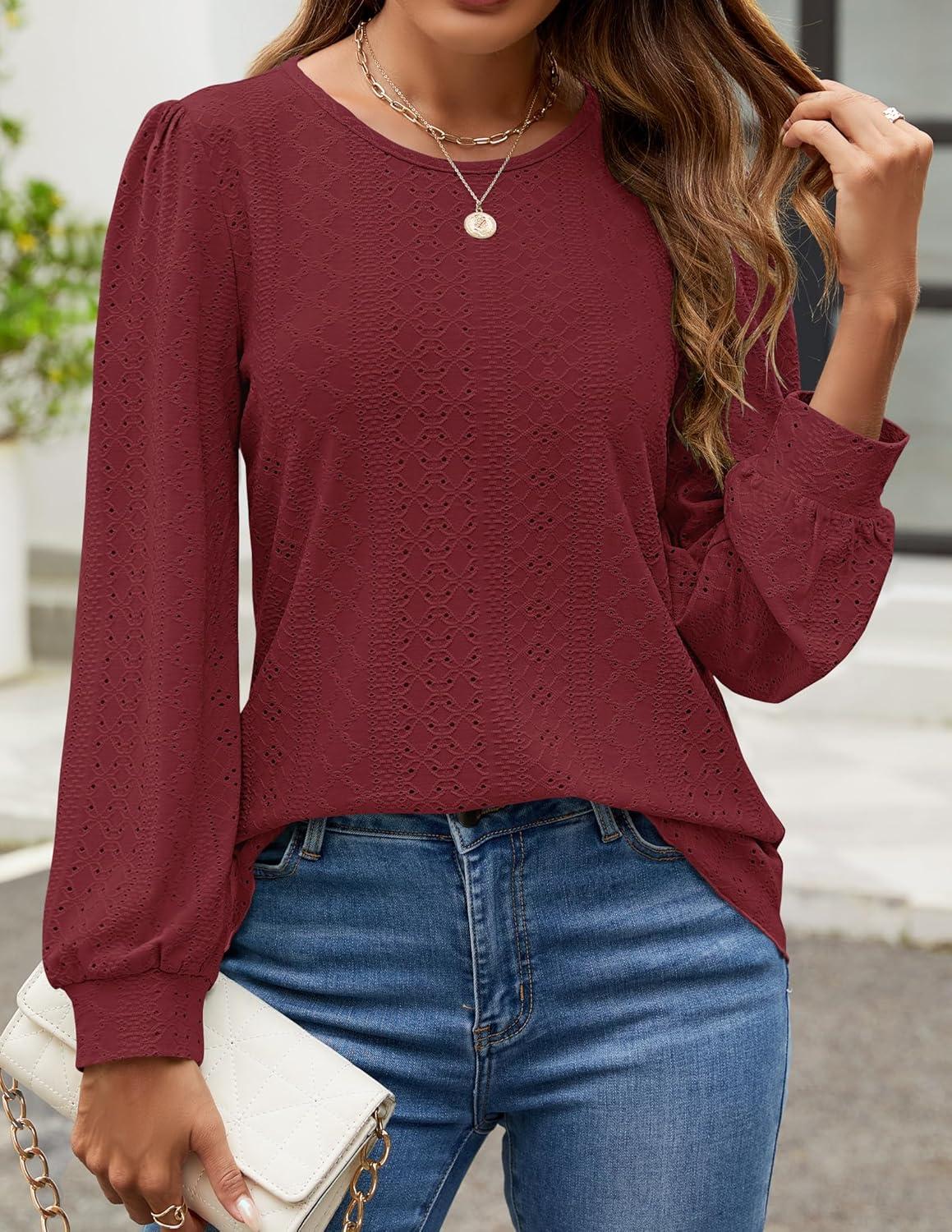imageZESICA Long Sleeve Eyelet Tops for Womens Crew Neck Fall Shirts Casual Loose Blouses 2025 Trendy ClothesWine